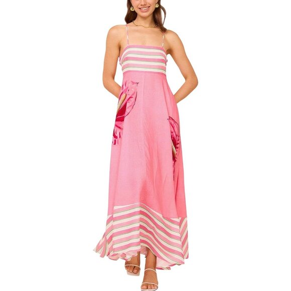 Pink Striped Floral Maxi Dress with Spaghetti Straps & Asymmetrical Hem - Sizes - Picture 3 of 4